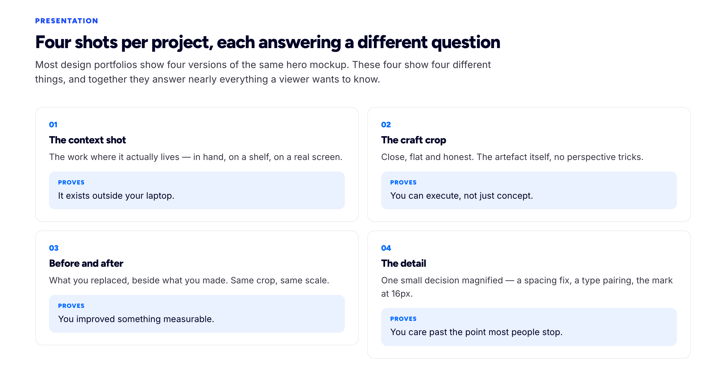Four ways to present one design project — the context shot, the crop that shows craft, the before and after, and the detail — with what each one proves to a viewer.